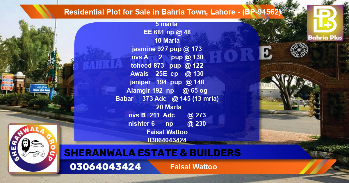 Residential Plot for Sale in Bahria Town, Lahore - (BP-94562)