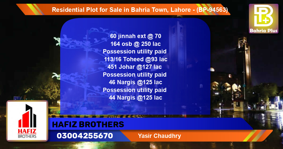 Residential Plot for Sale in Bahria Town, Lahore - (BP-94563)