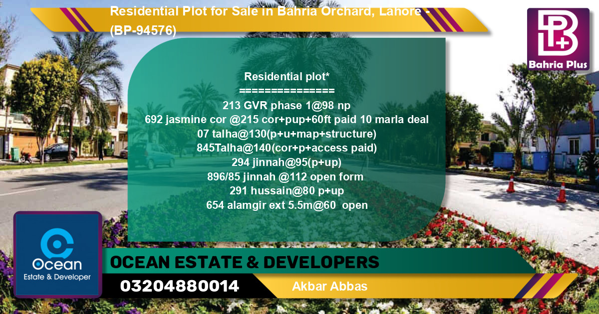 Residential Plot for Sale in Bahria Orchard, Lahore - (BP-94576)