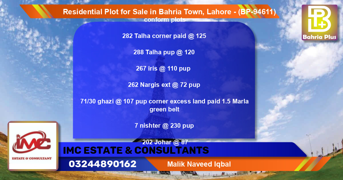 Residential Plot for Sale in Bahria Town, Lahore - (BP-94611)