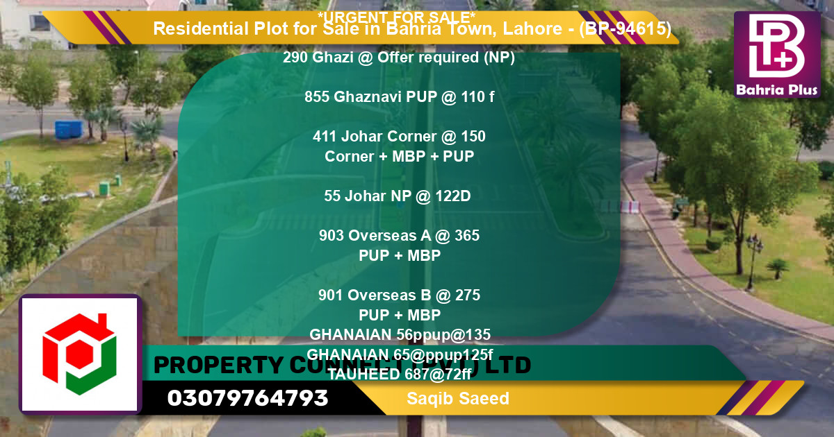 Residential Plot for Sale in Bahria Town, Lahore - (BP-94615)