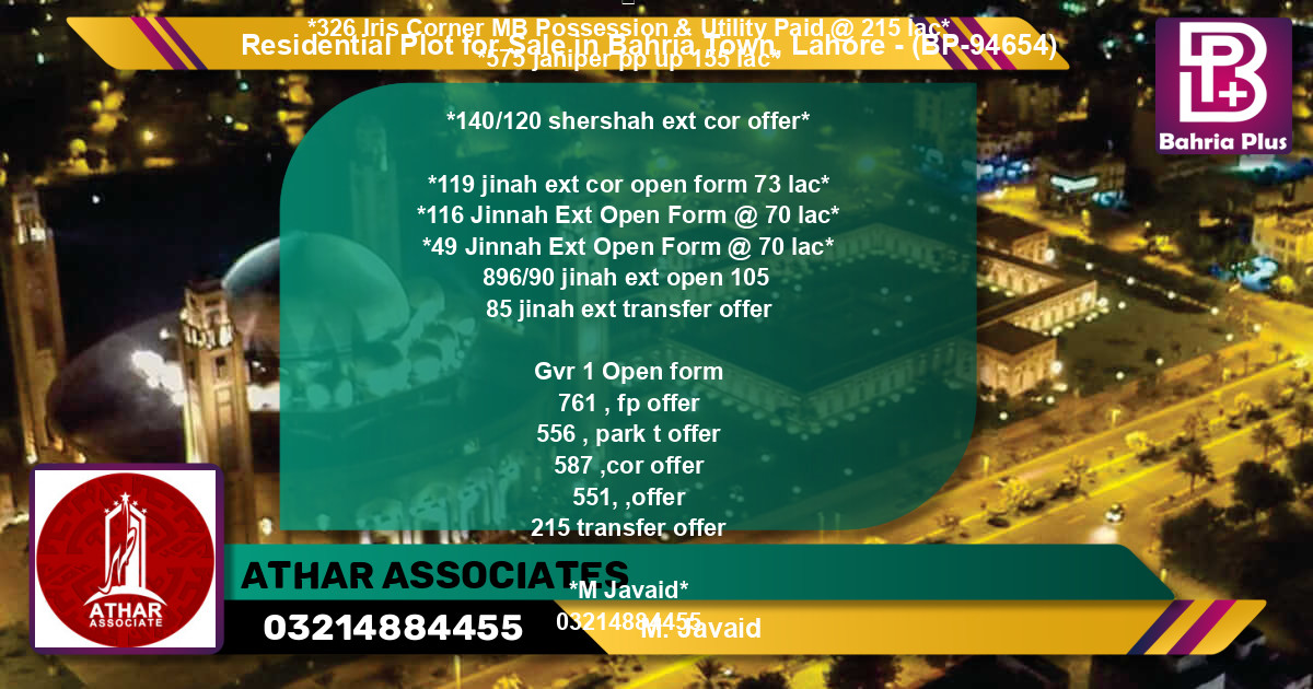 Residential Plot for Sale in Bahria Town, Lahore - (BP-94654)