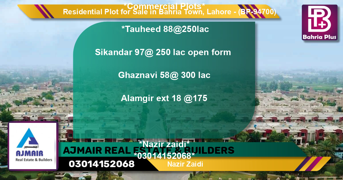 Residential Plot for Sale in Bahria Town, Lahore - (BP-94700)