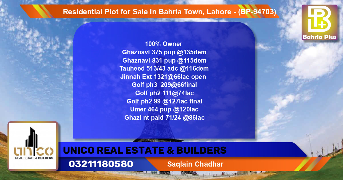 Residential Plot for Sale in Bahria Town, Lahore - (BP-94703)