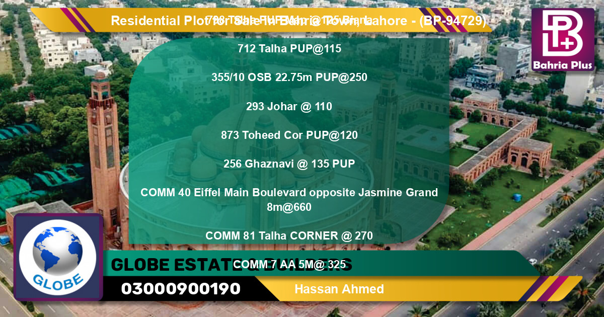 Residential Plot for Sale in Bahria Town, Lahore - (BP-94729)