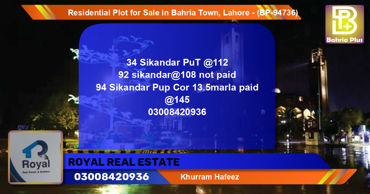 Residential Plot for Sale in Bahria Town, Lahore - (BP-94736)
