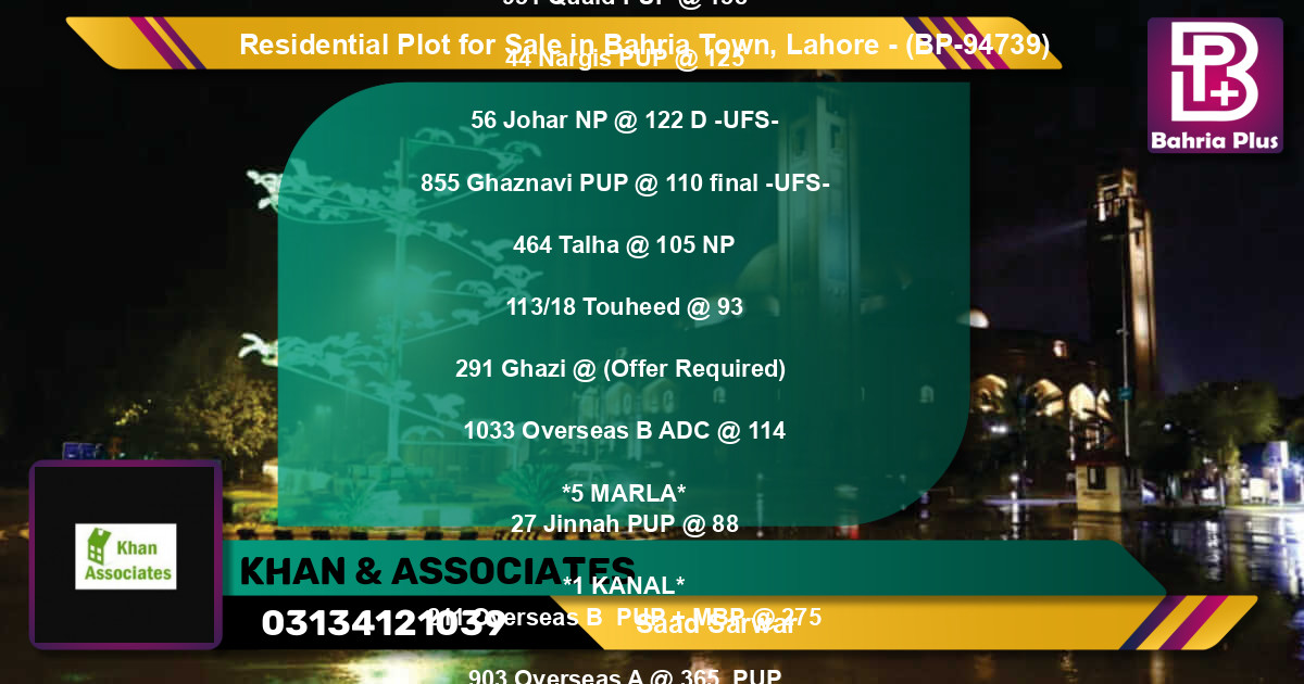 Residential Plot for Sale in Bahria Town, Lahore - (BP-94739)