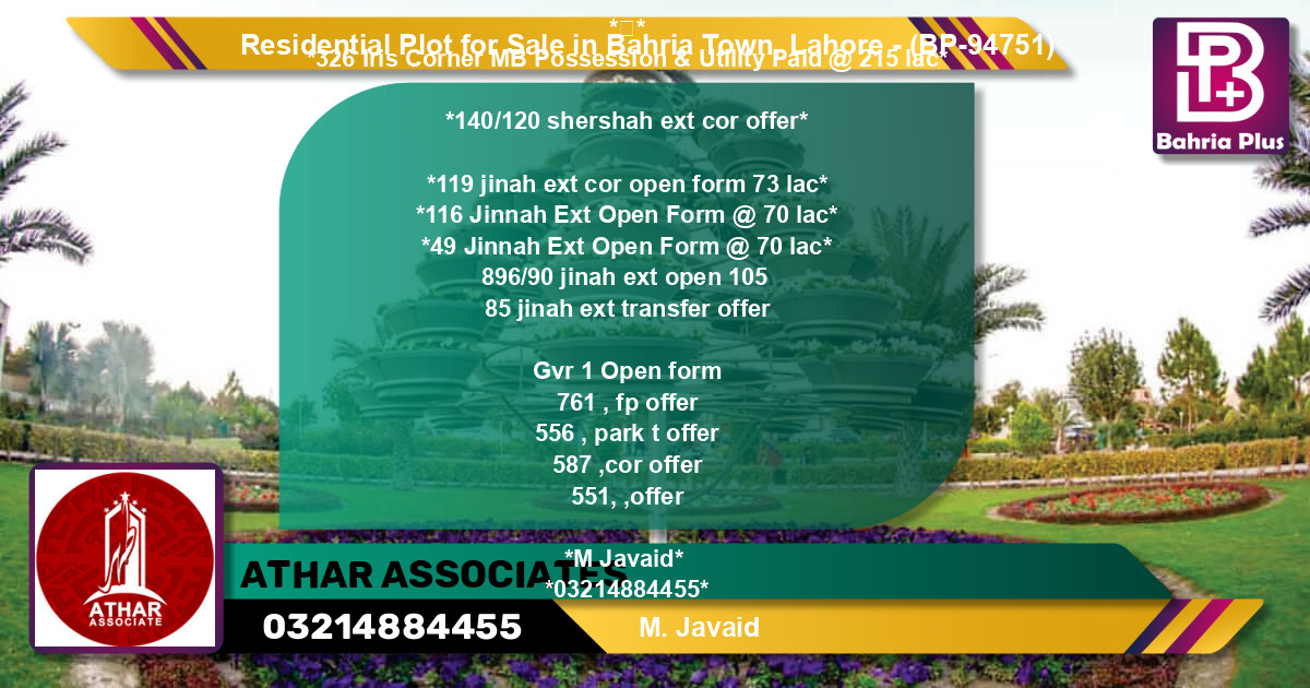Residential Plot for Sale in Bahria Town, Lahore - (BP-94751)
