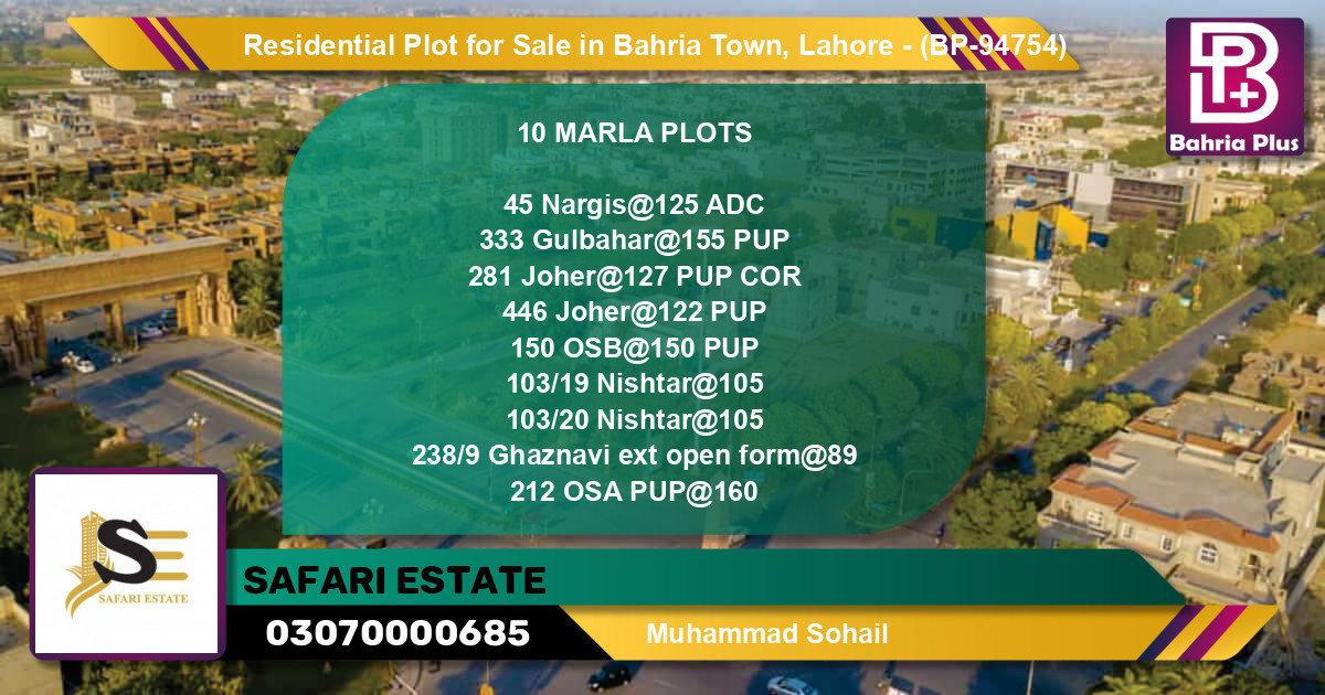 Residential Plot for Sale in Bahria Town, Lahore - (BP-94754)