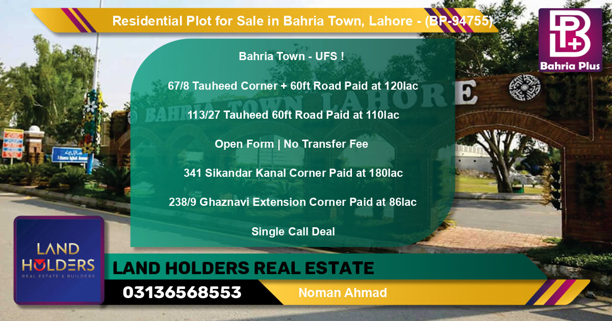 Residential Plot for Sale in Bahria Town, Lahore - (BP-94755)