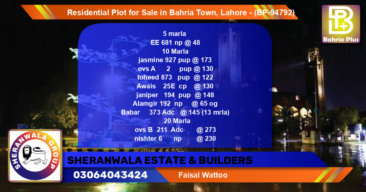 Residential Plot for Sale in Bahria Town, Lahore - (BP-94792)