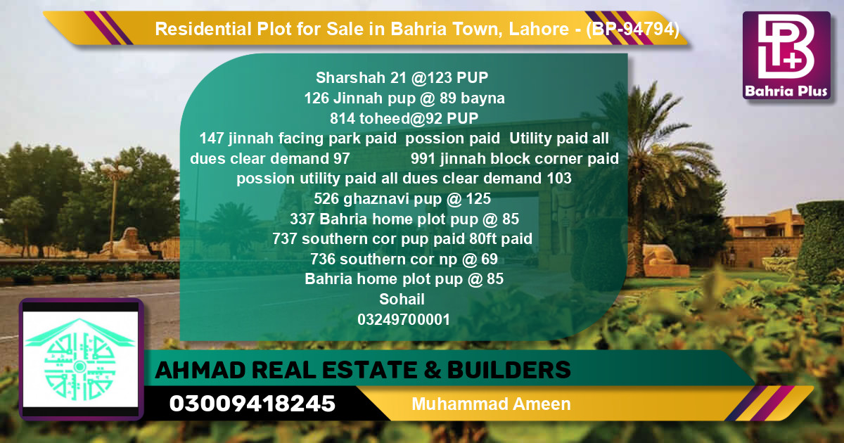 Residential Plot for Sale in Bahria Town, Lahore - (BP-94794)