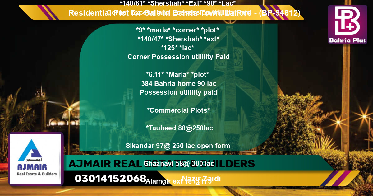 Residential Plot for Sale in Bahria Town, Lahore - (BP-94812)