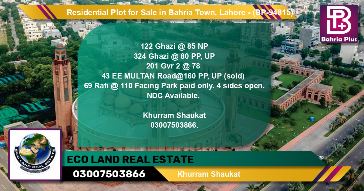 Residential Plot for Sale in Bahria Town, Lahore - (BP-94815)