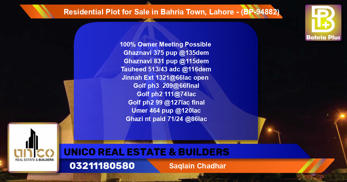 Residential Plot for Sale in Bahria Town, Lahore - (BP-94882)