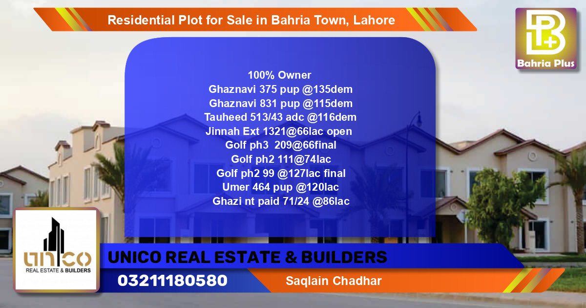 Residential Plot for Sale in Bahria Town, Lahore - (BP-95099)