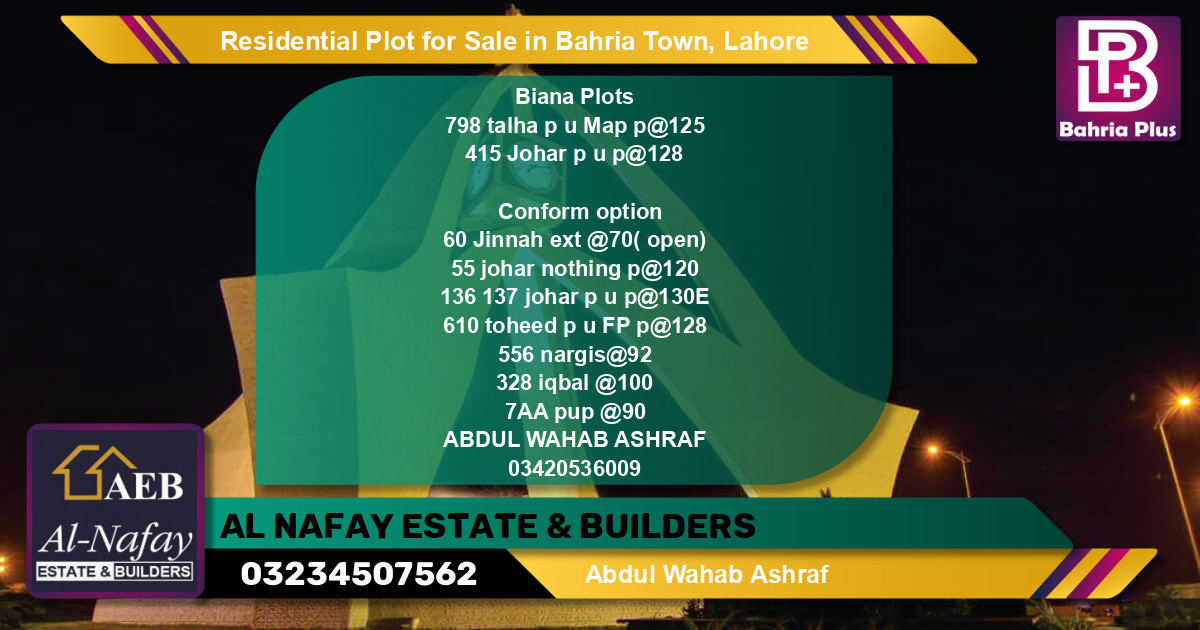 Residential Plot for Sale in Bahria Town, Lahore - (BP-95111)
