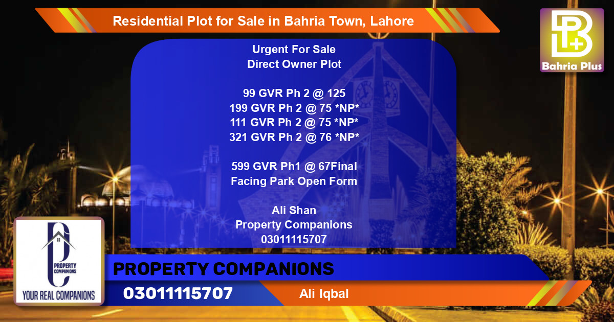 Residential Plot for Sale in Bahria Town, Lahore - (BP-95613)