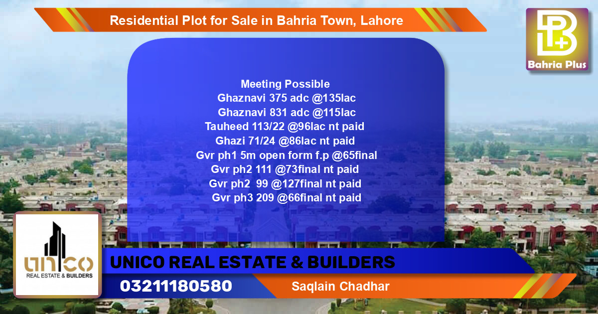 Residential Plot for Sale in Bahria Town, Lahore - (BP-95660)