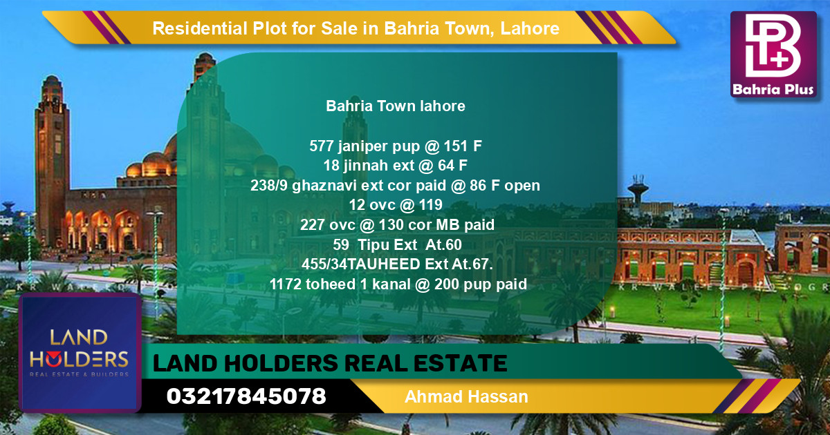 Residential Plot for Sale in Bahria Town, Lahore - (BP-95781)