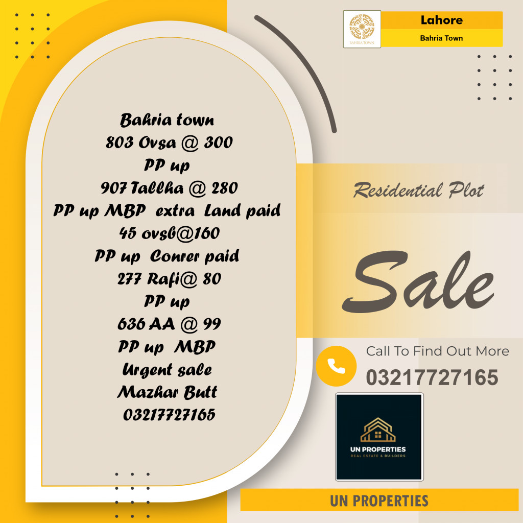 Residential Plot for Sale in Bahria Town, Lahore - (BP-95867)