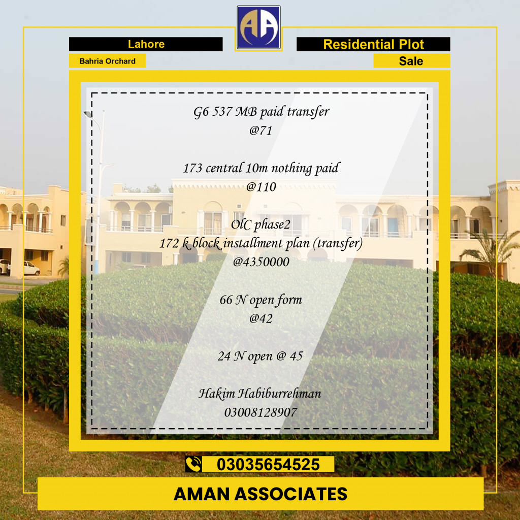 Residential Plot for Sale in Phase 4 - G6 Block - Bahria Orchard, Lahore - (BP-96358)