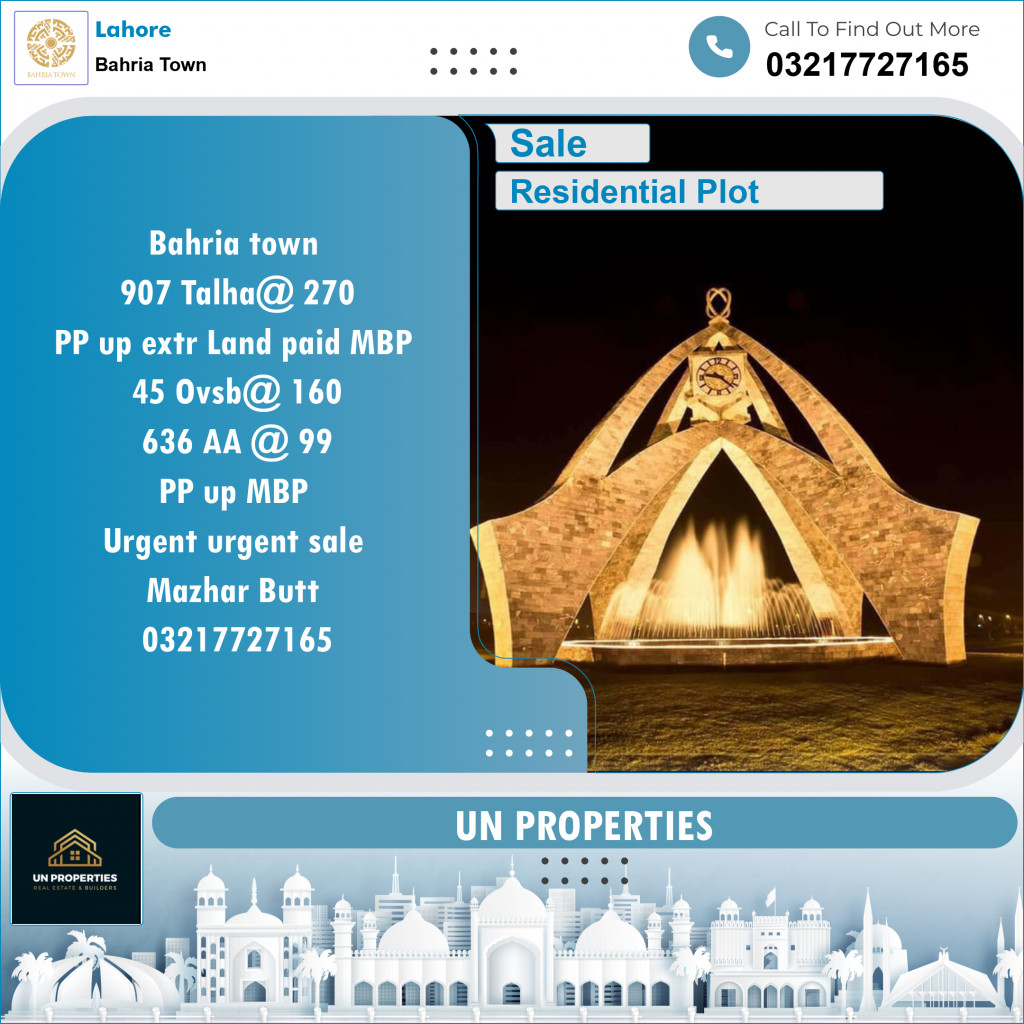 Residential Plot for Sale in Bahria Town, Lahore - (BP-96679)