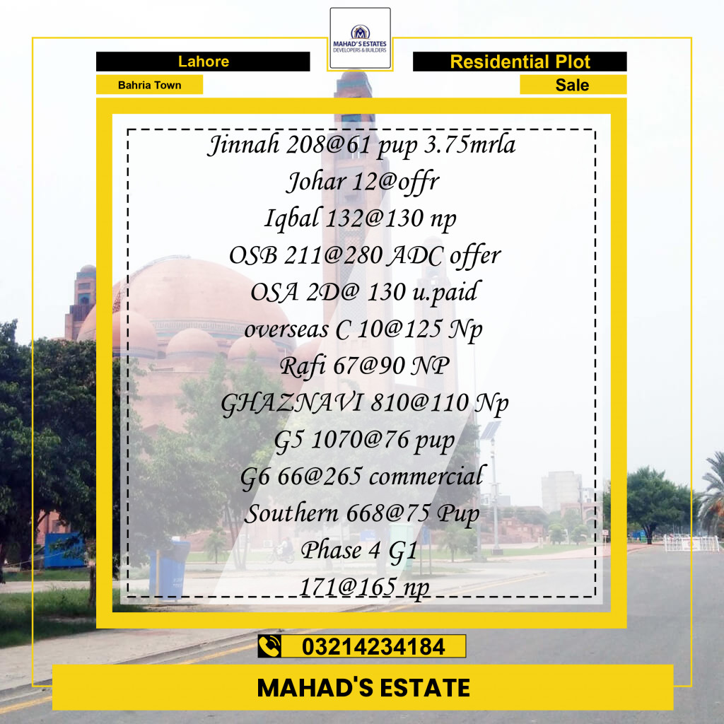 Residential Plot for Sale in Bahria Town, Lahore - (BP-97487)
