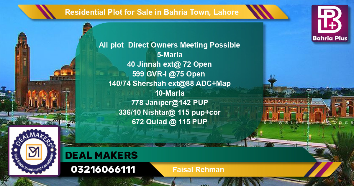 Residential Plot for Sale in Bahria Town, Lahore - (BP-97856)