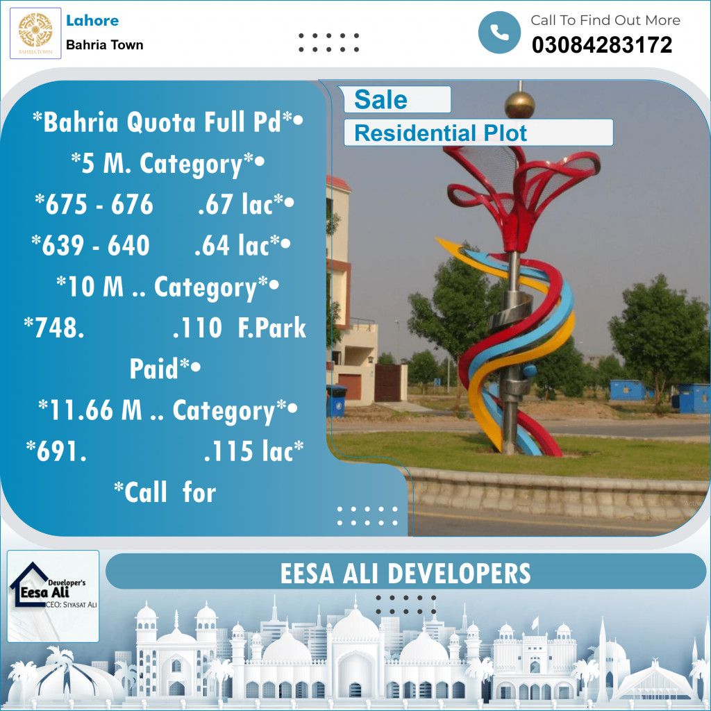 Residential Plot for Sale in Bahria Town, Lahore - (BP-97942)