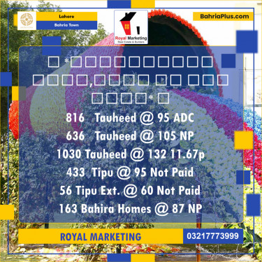 Residential Plot for Sale in Sector F - Tauheed Block -  Bahria Town, Lahore - (BP-121414)