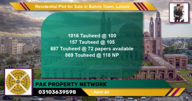 Residential Plot for Sale in Sector F - Tauheed Block -  Bahria Town, Lahore - (BP-122041)