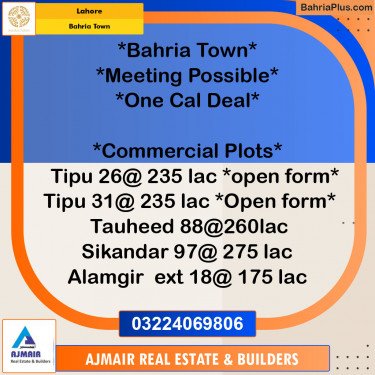 Commercial Plot for Sale in Sector F - Tipu Sultan Block -  Bahria Town, Lahore - (BP-122178)