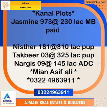 Residential Plot for Sale in Sector C - Jasmine Block -  Bahria Town, Lahore - (BP-122463)