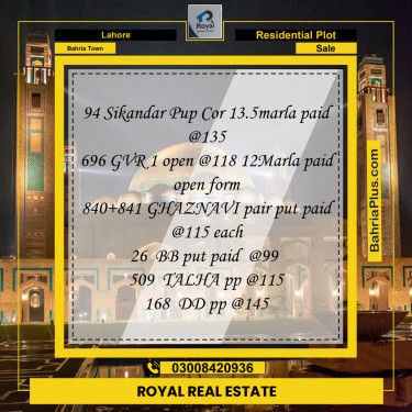 Residential Plot for Sale in Bahria Town, Lahore - (BP-123087)