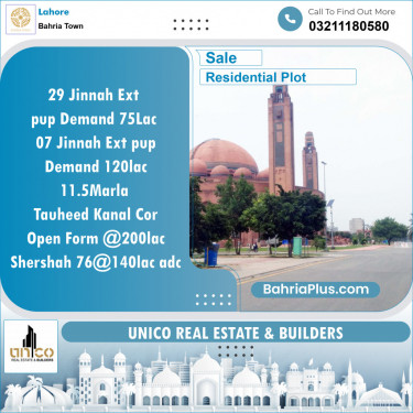 Residential Plot for Sale in Sector E - Jinnah Ext. Block -  Bahria Town, Lahore - (BP-123435)