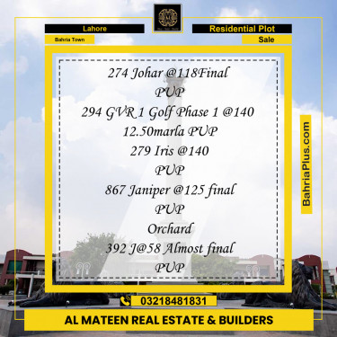 Residential Plot for Sale in Bahria Town, Lahore - (BP-124526)