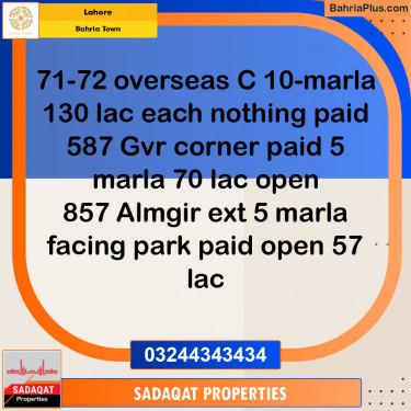 Residential Plot for Sale in Overseas C -  Bahria Town, Lahore - (BP-129015)