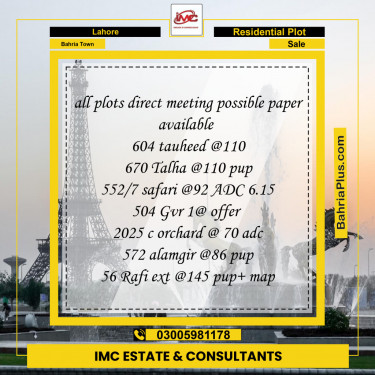 Residential Plot for Sale in Sector F - Tauheed Block -  Bahria Town, Lahore - (BP-130270)