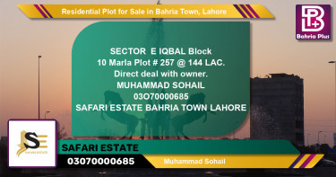 Residential Plot for Sale in Sector E - Iqbal Block -  Bahria Town, Lahore - (BP-131471)