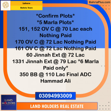 Residential Plot for Sale in Overseas C -  Bahria Town, Lahore - (BP-131597)