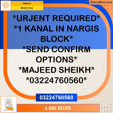 Residential Plot for Sale in Sector C - Nargis/Hussain Block -  Bahria Town, Lahore - (BP-136033)