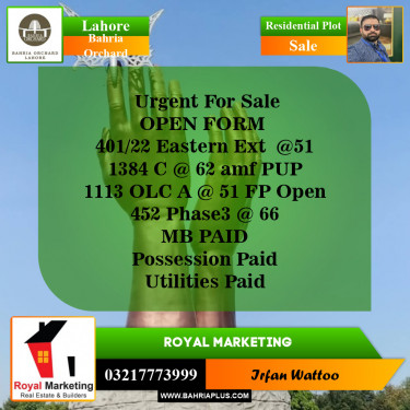 Residential Plot for Sale in Bahria Orchard, Lahore - (BP-142800)