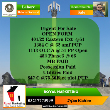 Residential Plot for Sale in Bahria Orchard, Lahore - (BP-143269)