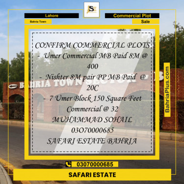 Commercial Plot for Sale in Sector B - Umer Commercial -  Bahria Town, Lahore - (BP-143836)
