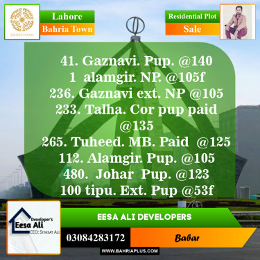 Residential Plot for Sale in Sector F - Ghaznavi Block -  Bahria Town, Lahore - (BP-144759)
