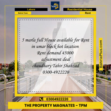 Residential House for Rent in Bahria Town, Lahore - (BP-144801)
