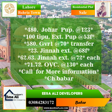 Residential Plot for Sale in Sector E - Johar Block -  Bahria Town, Lahore - (BP-146951)