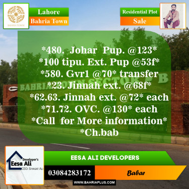 Residential Plot for Sale in Sector E - Johar Block -  Bahria Town, Lahore - (BP-146955)