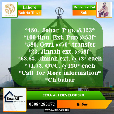 Residential Plot for Sale in Sector E - Johar Block -  Bahria Town, Lahore - (BP-147623)